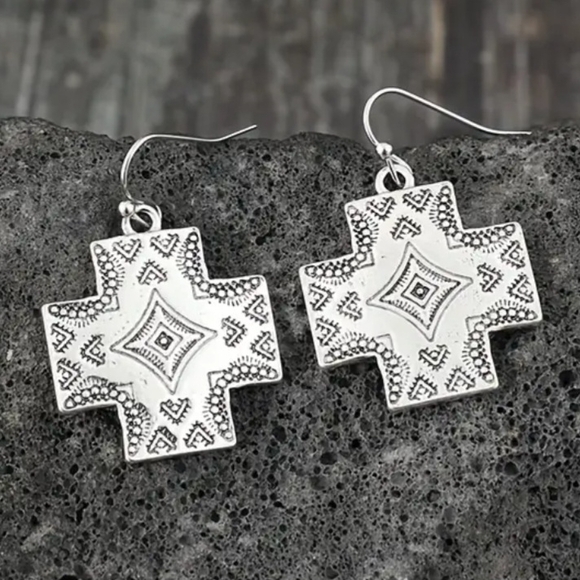 Silver Cross Geometric Earrings Indian Print - Picture 2 of 2